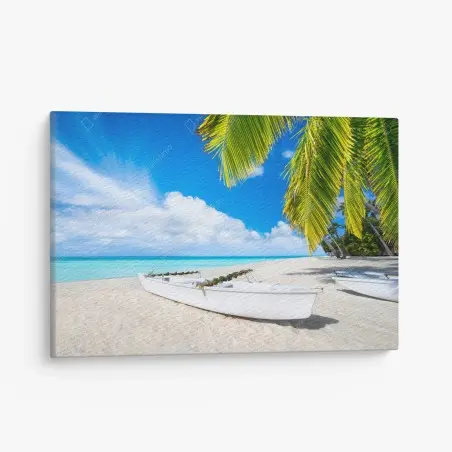 Tableau sur toile évasion tropicale sur plage de sable blanc et palmiers – Wallnifity®
