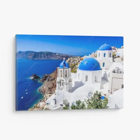 Tableau sur toile vue emblématique de Santorin aux dômes bleus – Wallnifity®