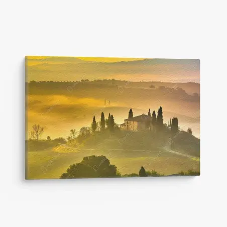 Tableau sur toile aube dorée sur la colline brumeuse – Wallnifity®