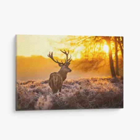 Tableau sur toile cerf au lever du soleil dans un paysage givré – Wallnifity®