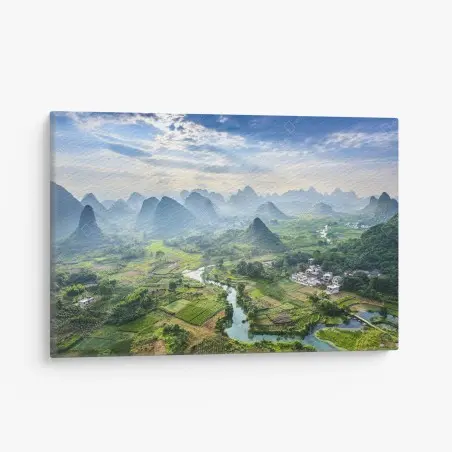Tableau sur toile panorama de karsts et rizières brumeuses – Wallnifity®