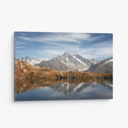 Tableau sur toile horizon alpin: lac miroir et sommets enneigés – Wallnifity®