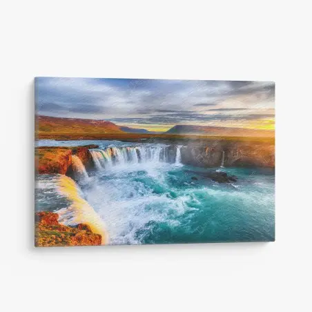 Tableau sur toile aurore dorée sur Godafoss, cascade majestueuse d'Islande – Wallnifity®