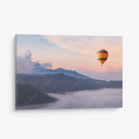Tableau sur toile montgolfière au-dessus des montagnes embrumées – Wallnifity®