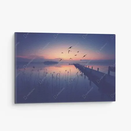 Tableau sur toile paysage au crépuscule avec ponton et oiseaux – Wallnifity®