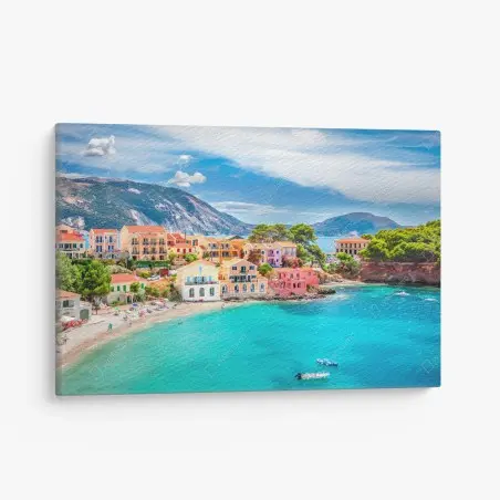 Tableau sur toile village côtier coloré d'Assos, Céphalonie – Wallnifity®