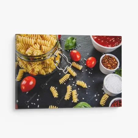 Tableau sur toile composition de pâtes fusilli et ingrédients méditerranéens – Wallnifity®