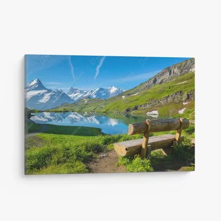 Tableau sur toile banc rustique face aux montagnes enneigées – Wallnifity®