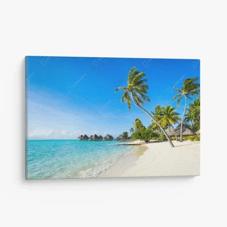 Tableau sur toile évasion tropicale: plage paradisiaque et bungalows sur pilotis – Wallnifity®
