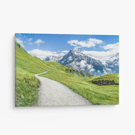 Tableau sur toile sentier alpin sinueux vers les Alpes enneigées – Wallnifity®