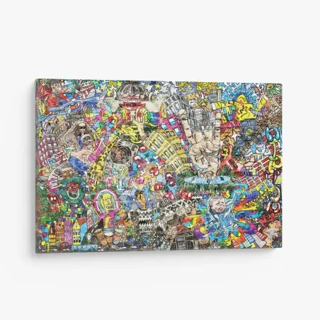 Tableau sur toile fresque urbaine multicolore : collage musical et psychédélique – Wallnifity®
