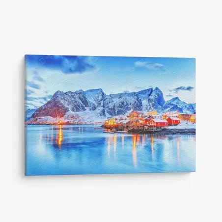 Tableau sur toile village côtier scandinave au crépuscule – Wallnifity®
