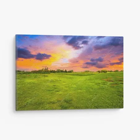 Tableau sur toile coucher de soleil sur prairie verdoyante – Wallnifity®