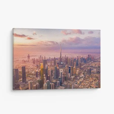 Tableau sur toile panorama urbain de Dubaï avec Burj Khalifa au coucher de soleil – Wallnifity®