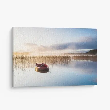 Tableau sur toile barque rouge sur un lac brumeux au petit matin – Wallnifity®