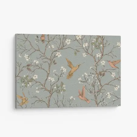 Tableau sur toile colibris et fleurs sur fond vert doux – Wallnifity®
