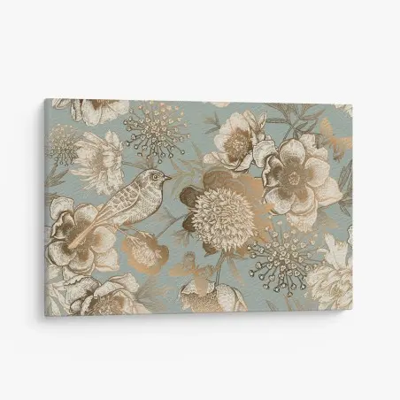 Tableau sur toile motif floral vintage avec oiseau et papillons sur fond bleu-vert – Wallnifity®
