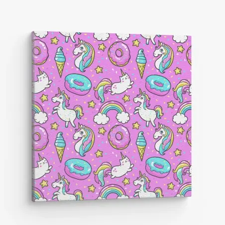 Tableau sur toile rêve pastel de licornes, beignets et arc-en-ciel – Wallnifity®