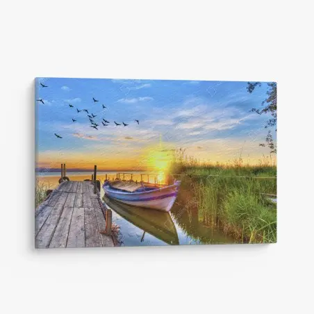 Tableau sur toile bateau au lever du soleil sur le lac – Wallnifity®