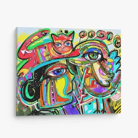 Tableau sur toile rencontre colorée: visage, oiseau et chat rouge – Wallnifity®