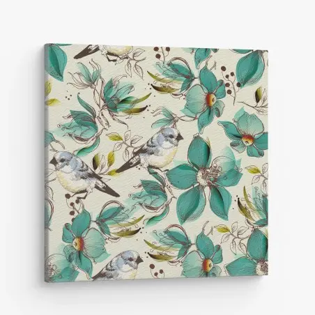 Tableau sur toile fleurs et oiseaux rétro en turquoise – Wallnifity®