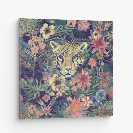 Tableau sur toile tête de léopard aquarelle dans une jungle florale – Wallnifity®