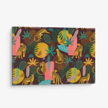 Tableau sur toile motif jungle coloré aux léopards et feuillages – Wallnifity®