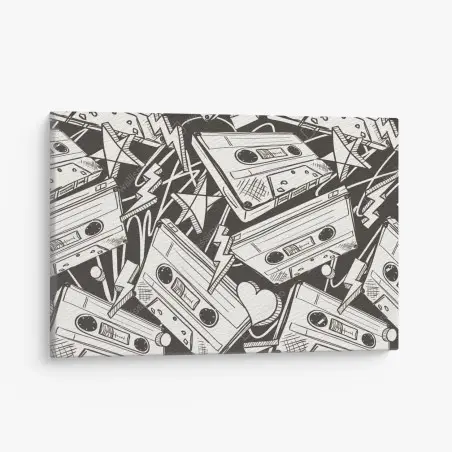 Tableau sur toile ambiance rétro cassettes et croquis noir et blanc – Wallnifity®