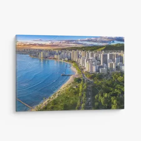 Tableau sur toile paysage côtier urbain de Waikiki au coucher du soleil – Wallnifity®