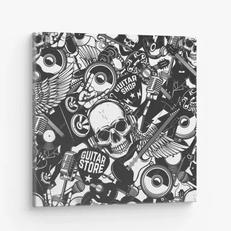 Tableau sur toile motif rock'n'roll monochrome avec crâne et guitares – Wallnifity®