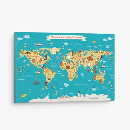 Tableau sur toile carte du monde animalière colorée pour chambre enfantine – Wallnifity®
