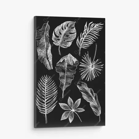 Tableau sur toile motifs de feuilles tropicales en croquis blanc et noir – Wallnifity®