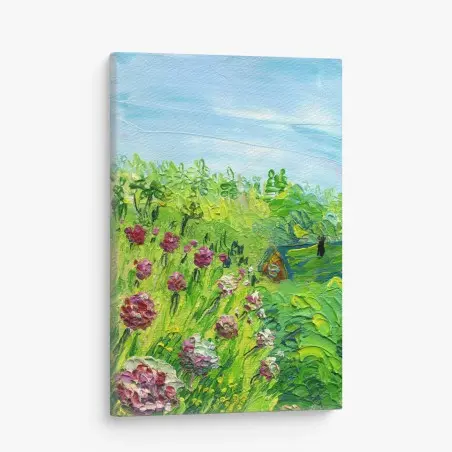 Tableau sur toile pivoines au jardin en pâte au couteau – Wallnifity®
