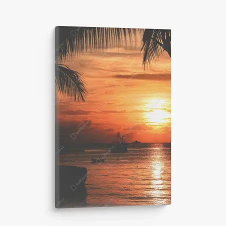 Tableau sur toile coucher de soleil tropical aux silhouettes de bateaux – Wallnifity®