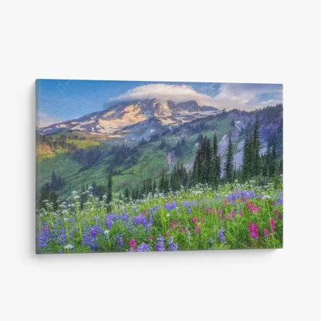 Tableau sur toile prairie alpine fleurie au pied de la montagne – Wallnifity®