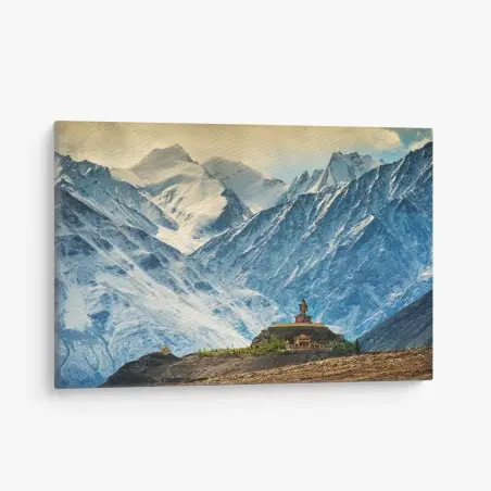 Tableau sur toile temple solitaire au pied des montagnes enneigées – Wallnifity®