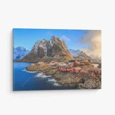 Tableau sur toile village côtier sous les montagnes enneigées – Wallnifity®