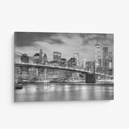 Tableau sur toile panorama nocturne de New York et du pont de Brooklyn en noir et blanc – Wallnifity®
