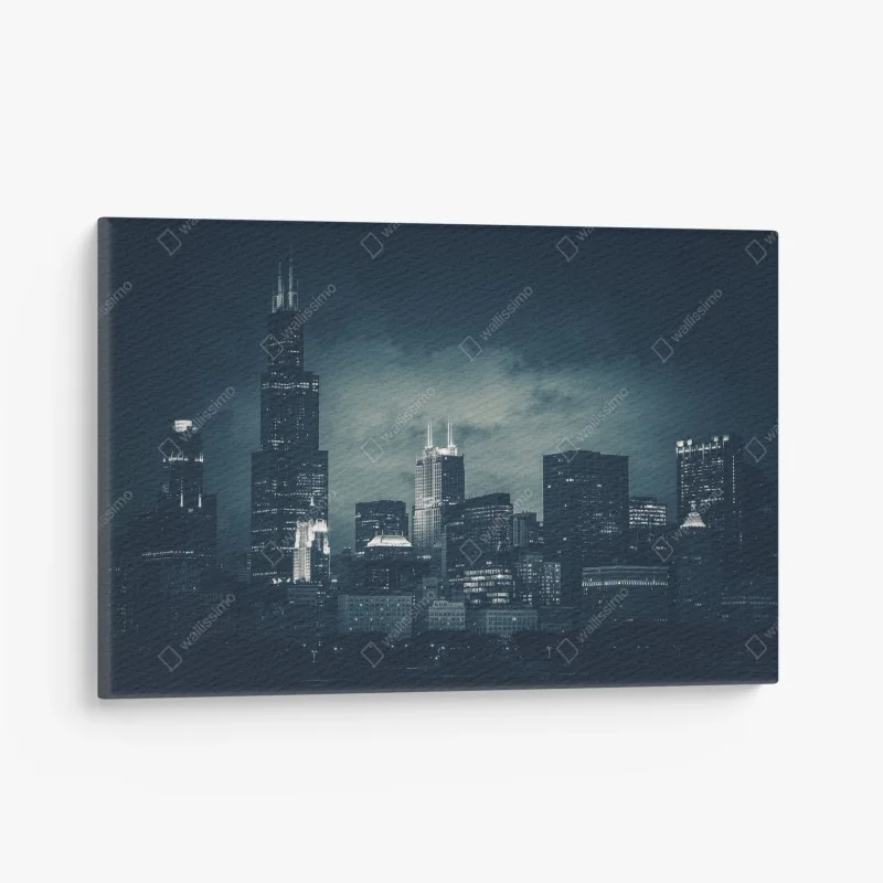 Tableau sur toile silhouette nocturne de Chicago en bleu profond – Wallnifity®