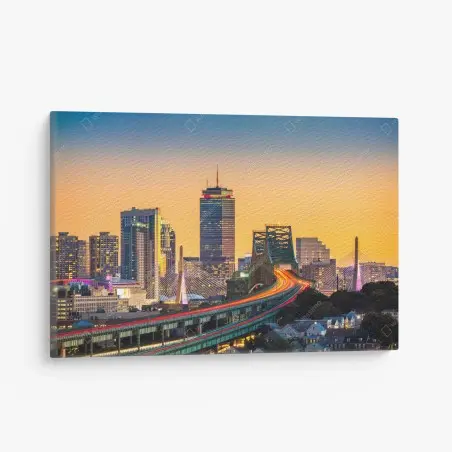 Tableau sur toile coucher de soleil sur Boston : pont Tobin et pont Zakim en lumière – Wallnifity®