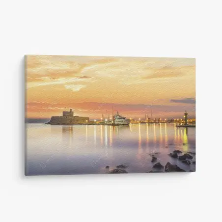 Tableau sur toile crépuscule doré sur le port de Mandraki, Rhodes – Wallnifity®