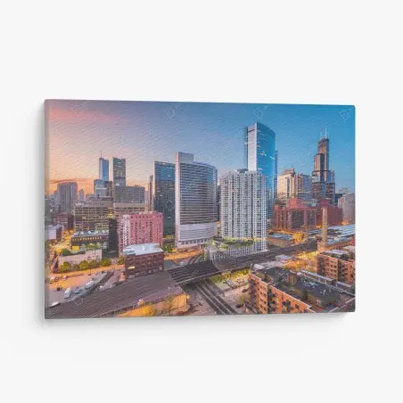Tableau sur toile horizon urbain de Chicago au crépuscule – Wallnifity®