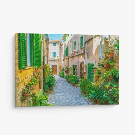 Tableau sur toile ruelle méditerranéenne fleurie aux volets verts – Wallnifity®