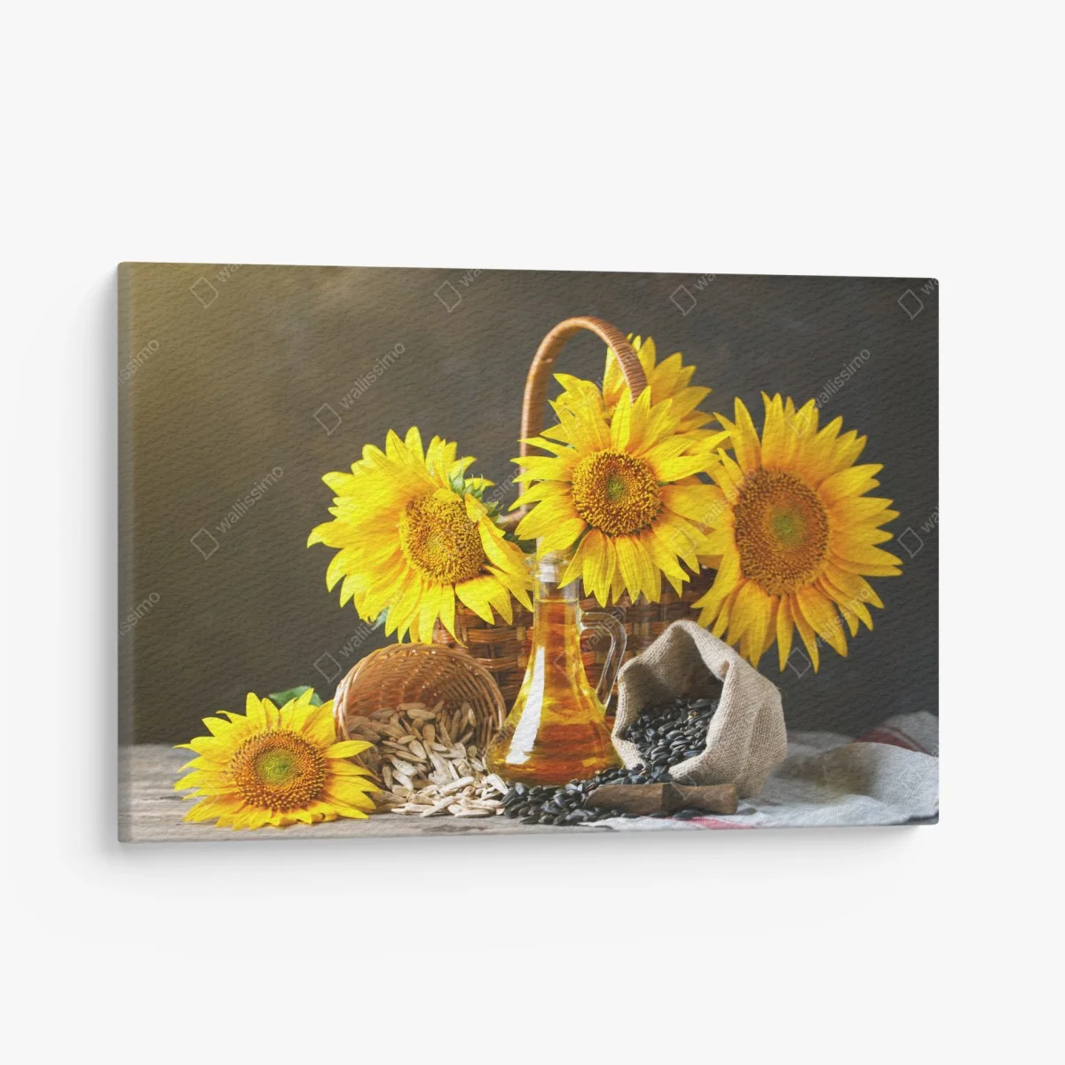 Tableau sur toile bouquet de tournesols, graines et huile sur table rustique – Wallnifity® Tableau sur toile bouquet de tournesols, graines et huile sur table rustique – Wallnifity®