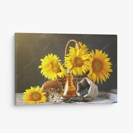 Tableau sur toile bouquet de tournesols, graines et huile sur table rustique – Wallnifity®