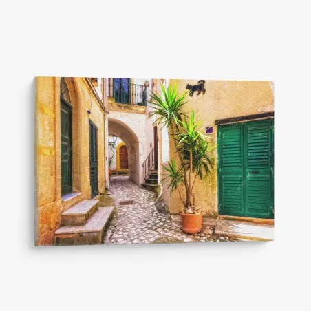 Tableau sur toile ruelle méditerranéenne ensoleillée aux volets verts – Wallnifity®