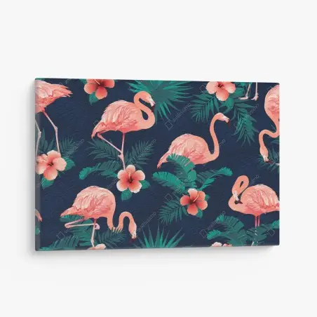 Tableau sur toile flamants roses et fleurs tropicales sur fond bleu – Wallnifity®