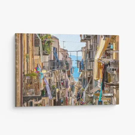 Tableau sur toile ruelle méditerranéenne ensoleillée avec vue sur la mer – Wallnifity®