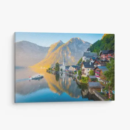 Tableau sur toile Hallstatt village lacustre alpin au lever du soleil – Wallnifity®