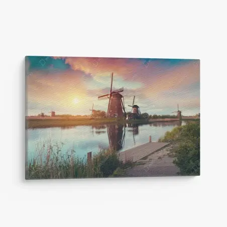 Tableau sur toile moulins au crépuscule et reflet paisible – Wallnifity®